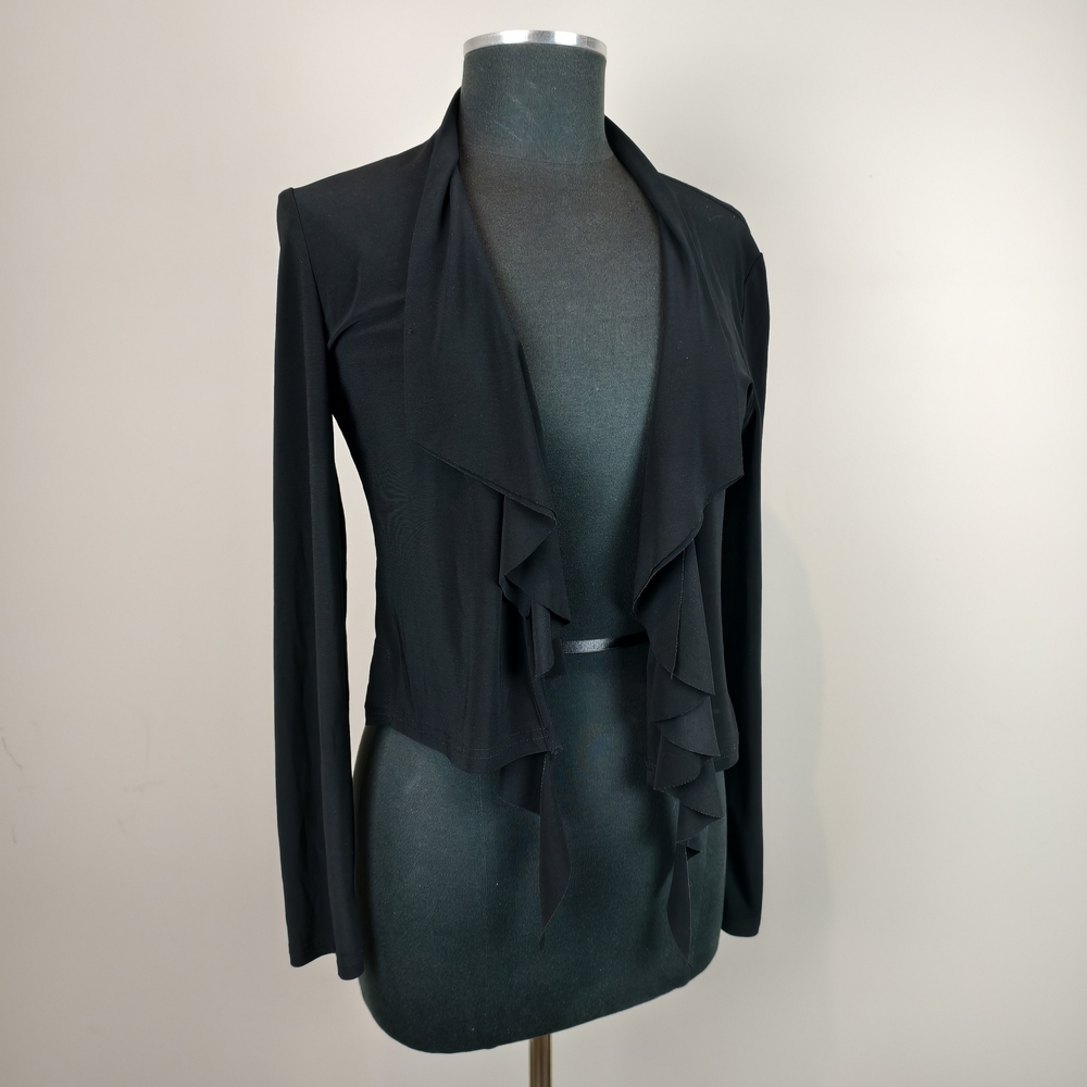 Joseph Ribkoff Black Draped Open Front Ruffle Jacket Blazer Womens M Layer